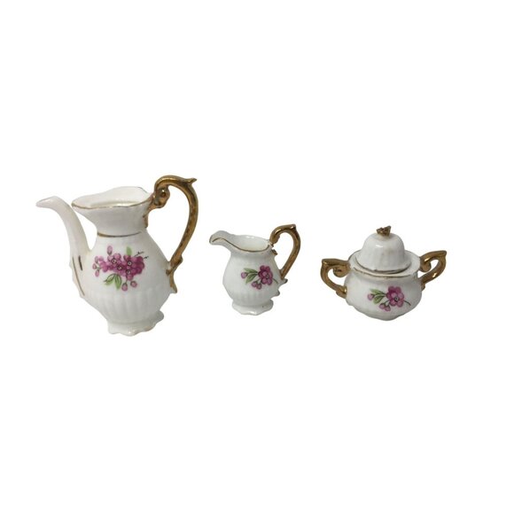 Vintage Miniature Fine Bone China Porcelain Tea Set- Tea Pot, Pitcher, Plate - Picture 8 of 16